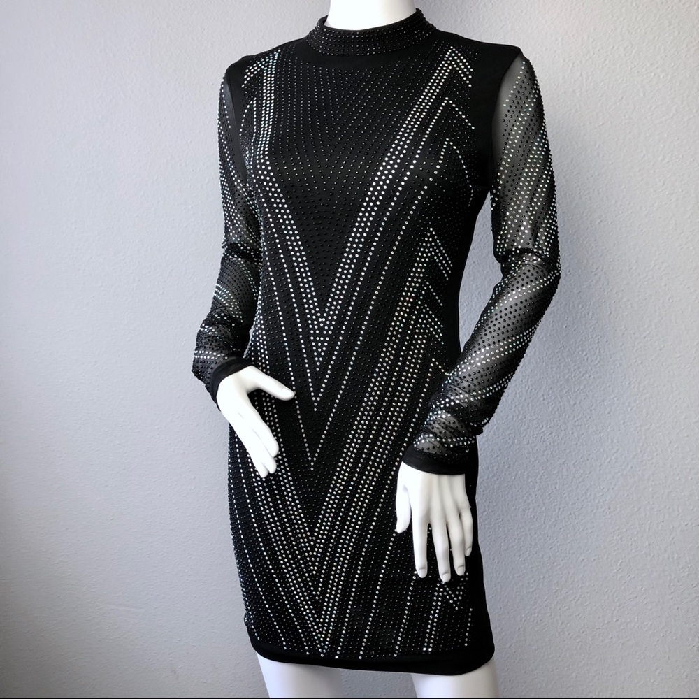 Black Beaded Cocktail Dress Sheer Long Sleeves